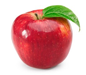 red apple with green leaves isolated on white background. clipping path
