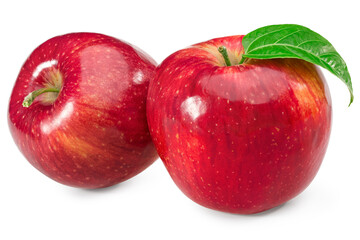 two red apples with green leaves isolated on white background. clipping path