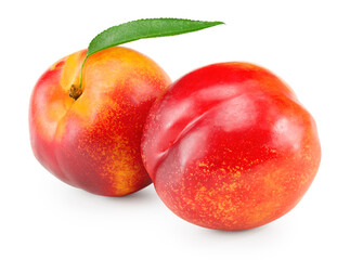 nectarine with green leaf isolated on a white background. clipping path