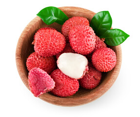 Fresh lychee with leaves in wooden bowl isolated on white background. clipping path. top view