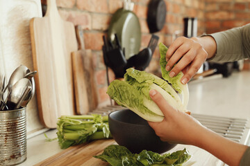 Woman's hands dribbling lettuce in the bowl at the kitchen