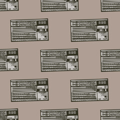 Retro radio engraved seamless pattern. Vintage media equipment in hand drawn style.