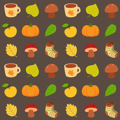 Seamless pattern with different autumn elements. Fall fashion collection. Cute print for textile, wrapping paper, clothes, wallpaper. Cute background for harvest festival, seasonal decor. 