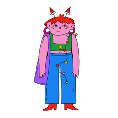 funny young man in santa hat.Office worker at a corporate party.Carnival at work 1970 psychedelic funky character.Christmas student. trendy fashion new year gen z.Sublimation print