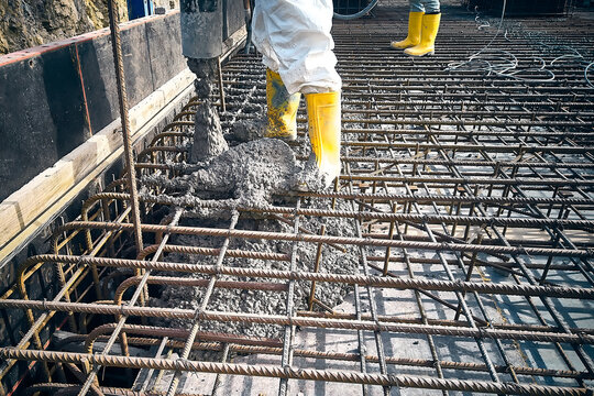 Contractor is casting concrete using concrete pump tube. Cement works on a construction site. Construction workers dressed in uniform pour a concrete to formwork