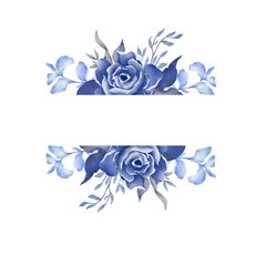 Watercolor floral frame. Hand painted blue rose flower frame. Botanical illustration suitable for wedding invitation, card, etc