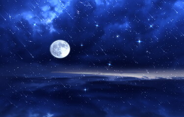  big moon on night sky nebula and starr fall wind on blue lilac starry sky reflection on sea with planet flares universe
