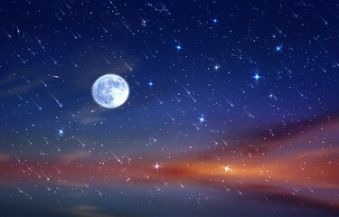 Fototapeta na wymiar big moon on night sky nebula and starr fall wind on blue lilac starry sky reflection on sea with planet flares universe