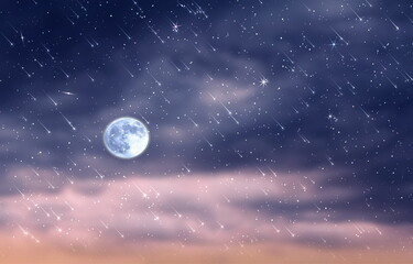 Fototapeta na wymiar big moon on night sky nebula and starr fall wind on blue lilac starry sky reflection on sea with planet flares universe