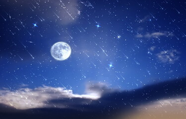  big moon on night sky nebula and starr fall wind on blue lilac starry sky reflection on sea with planet flares universe