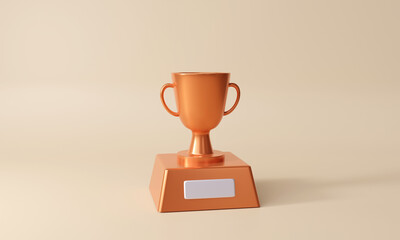 Bronze trophy on white background. 3rd prize winner with blank copy space. 3D rendering illustration
