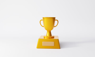 Golden trophy on  white background. Prize winner, first place with blank copy space. 3D rendering illustration