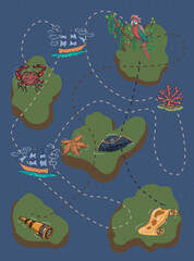 maze find game for kids island jungle sea ocean journey pirate treasure spyglass ship hand drawn illustration