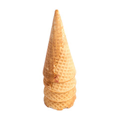 Photo of three empty crunchy cones of ice cream on a white background