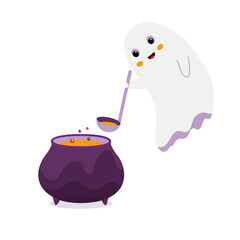 The ghost brews a magic potion. Ghost near the pot holding a kitchen ladle