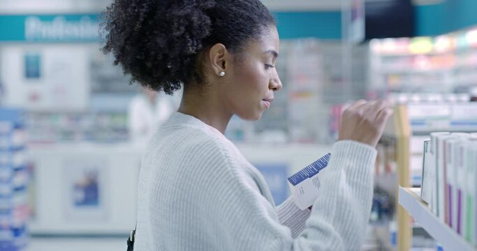 Pharmacy customer shopping shelf medication in medical drugstore, retail service and store for wellness treatment choice. Black woman reading box label of healthcare medicine, brand product and pills