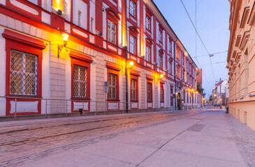 Wroclaw. Old street in the center of the old city in the early morning.