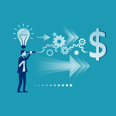 The path from idea to earnings. Vision business concept. Successful businessman looking in telescope, seeing money future. Vector illustration flat design. Isolated on background. Spyglass in hand.