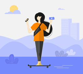Girl skates on skateboard with a remote control and takes pictures in a city. 