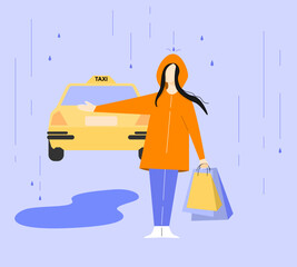 girl in a raincoat is hailing a taxi cab in a raining day, with hand full of bags. © eunoia_anna