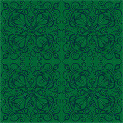 seamless graphic pattern, floral dark green ornament tile on green background, texture, design