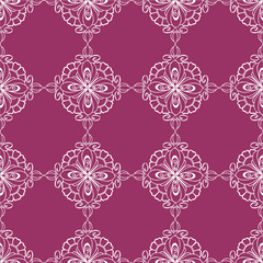 seamless graphic pattern, floral white ornament tile on magenta background, texture, design