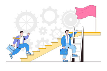 Easy or shortcut way to win, strategy to achieve target, efficiency solution to reach career goal concepts. Businessman walking up stair compete with smart guy which cut the success path using ladder