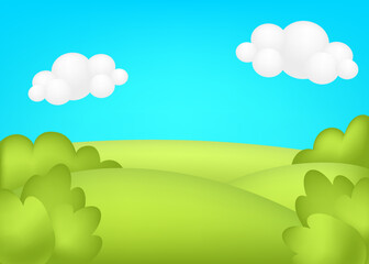 Fototapeta premium Meadow 3d vector illustration. Bright landscape of green valley kids background. Colorful cute scenery with spring green grassland, trees, blue sky, clouds for children's sites.