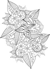 hand drawn illustration of a doodle flower zentangle  vector sketch bouquets of flower petal botanical leaf vintage stylish engraved ink art black and white coloring page for adult