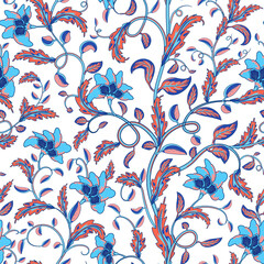 Decorative red and blue fantasy flowers and branches on white background inspired indian paisley culture. Floral seamless pattern in oriental style.