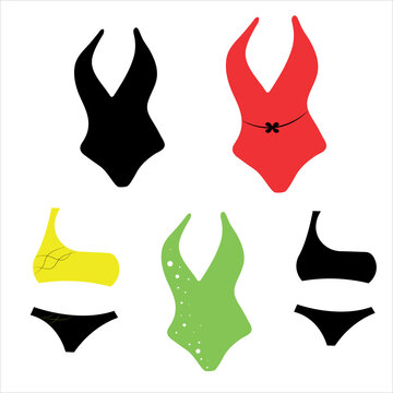 Set of women's swimwear isolated on white background. Swimsuit or bikini top and bottom. Vector