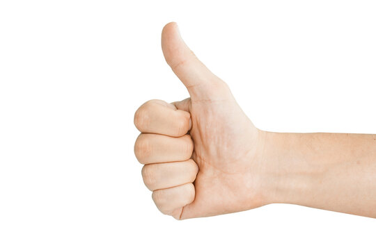 Thumb up hand. Male hand showing ok yes gesture. Positive approval sign. Body part isolated on white. Empty copy space business success background. Everything is going to be alright.