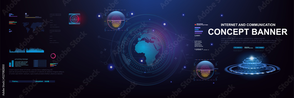 Poster internet and communications. concept banner with hud elements. globe with information exchange. inte