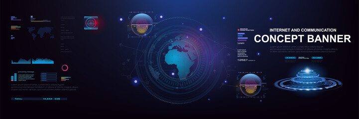 Internet and communications. Concept banner with HUD elements. Globe with information exchange. Internet of things. World Internet technologies and communications. Technology interface in HUD style
