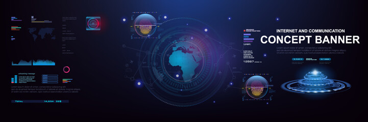 Internet and communications. Concept banner with HUD elements. Globe with information exchange. Internet of things. World Internet technologies and communications. Technology interface in HUD style
