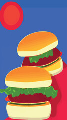 Minimal background for fast food concept. Hamburger cartoon style on background.  rendering illustration. Clipping path of each element included.