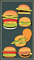 Minimal background for fast food concept. Hamburger cartoon style on background.  rendering illustration. Clipping path of each element included.
