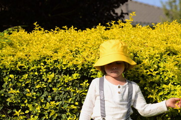 Portrait of a cute boy in a yellow panama hat. A cute child rejoices in the summer. Concept: travel to the resort, holidays with children, kindergarten, holiday, birthday.