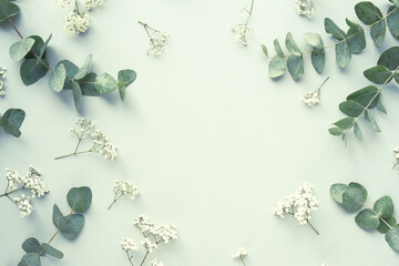 Close up photo of fresh eucalyptus leaves against a neutral  background.