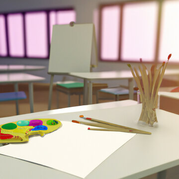 Paintbrushes and Palette in a School Classroom