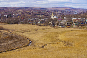 View of the village from afar. Background with selective focus and copy space