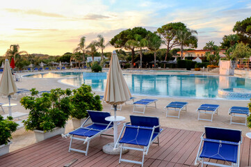 End of the summer season for bathing establishments and resorts. Pool at sunset, no people, no tourists