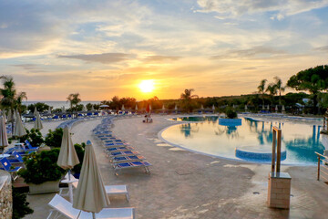 End of the summer season for bathing establishments and resorts. Pool at sunset, no people, no tourists