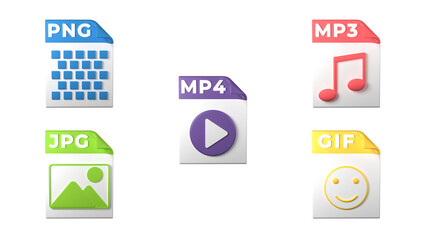 File format extensions. png, mp4, mp3, jpg, gif file format media icons. Transparent background. 3D Rendering