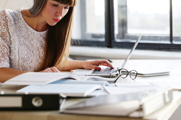 Beautiful, sweet, young girl with long hair sitting and working on the computer against windowsill.