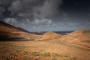 Dramatic landscape viewed from the top of Caldera Blanca volcano, Lanzarote, Canary Islands,  Spain