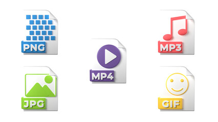 File format extensions. png, mp4, mp3, jpg, gif file format media icons. Transparent background. 3D Rendering