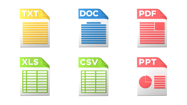 File format extensions. txt, doc, pdf, ppt, xls, csv file format document icons. Transparent background. 3D Rendering