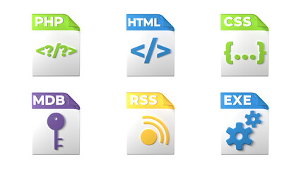 File format extensions. php, html, css, mdb, exe, rss file format programmer icons. Transparent background. 3D Rendering