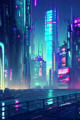 A 3d digital render of a cyberpunk city at night with tall towers.